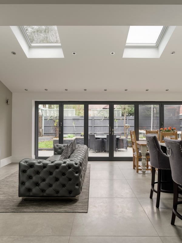 The kitchen is now flooded with light thanks to the bifold doors and VELUX roof windows